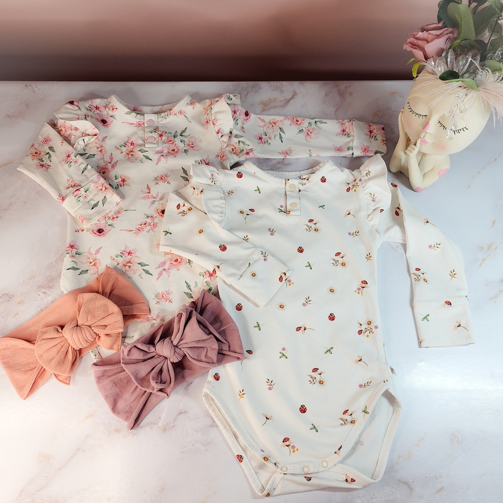 Snuggle Hunny Floral Frill Bodysuits With Matching Baby Bling Bows, Size 12 Mo